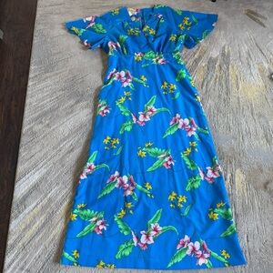 Vintage Royal Hawaiian floral Maxi long Dress blue flutter sleeves v neck 18